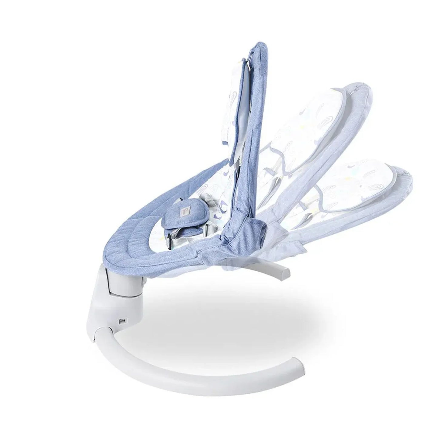 Baby swing with blue fabric seat on a white background