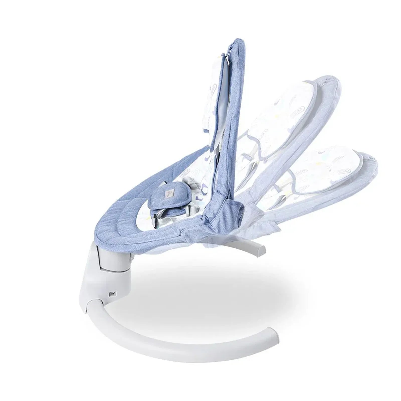 Baby swing with blue fabric seat on a white background