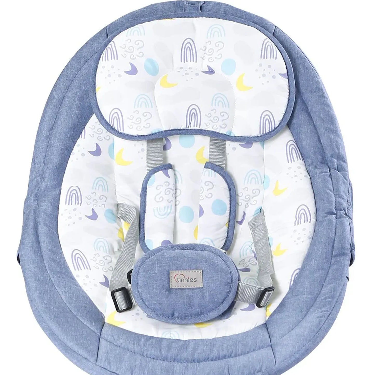 Baby bouncer with blue and white pattern on a white background