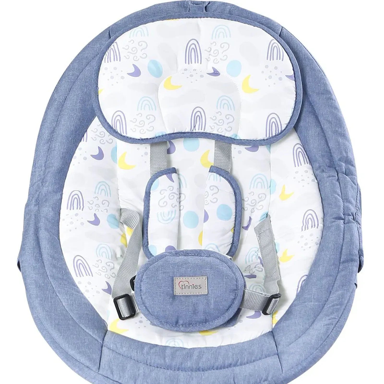Baby bouncer with blue and white pattern on a white background