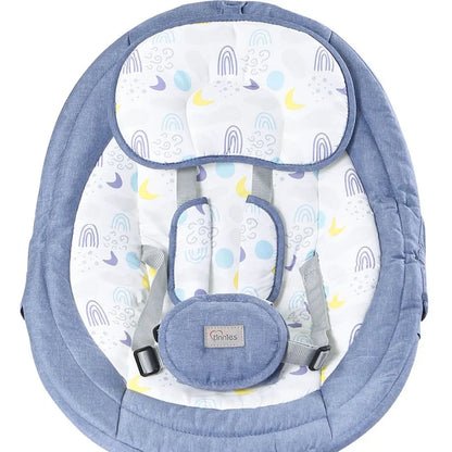Baby bouncer with blue and white pattern on a white background
