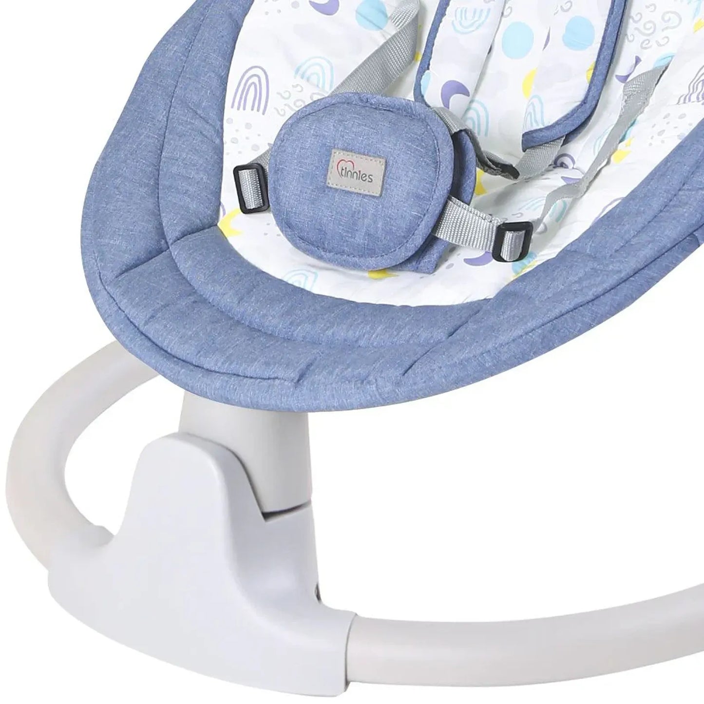 Baby bouncer with blue cushion and white frame on a white background