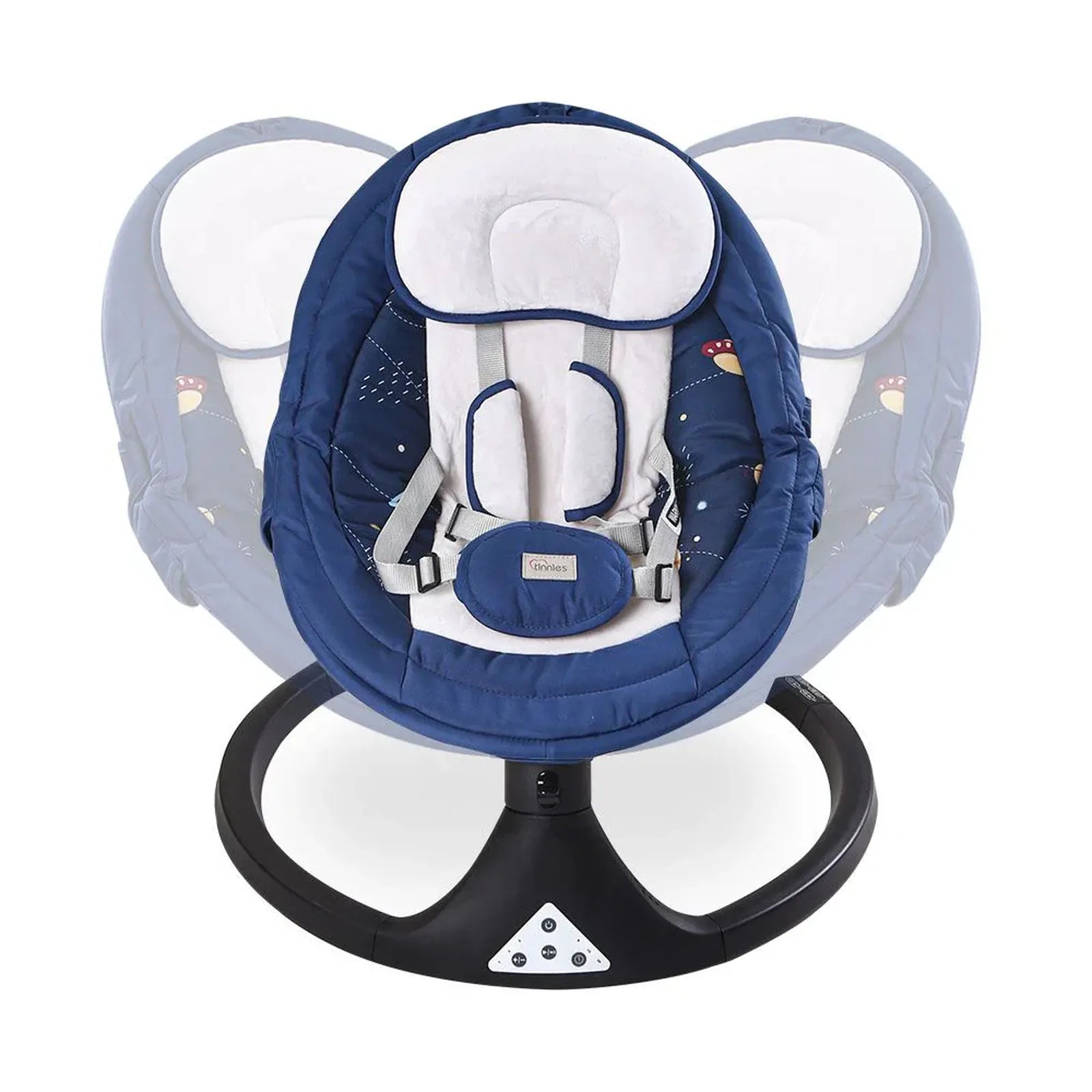 Baby bouncer with blue and white design on a white background