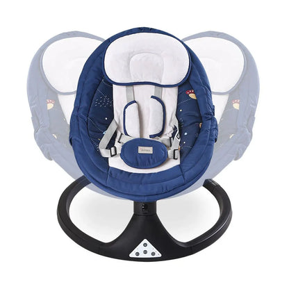Baby bouncer with blue and white design on a white background