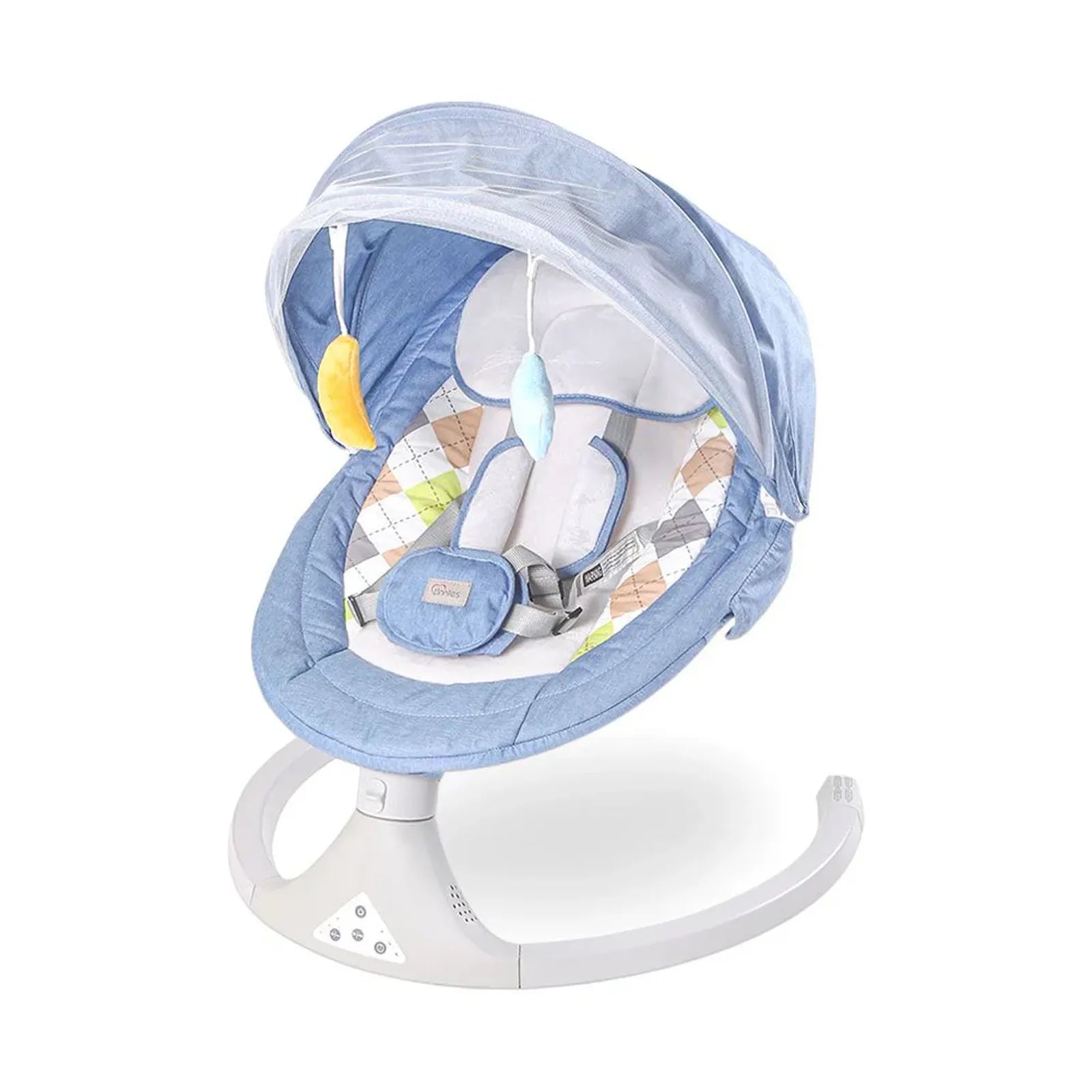 Baby swing with blue canopy and white base on a white background