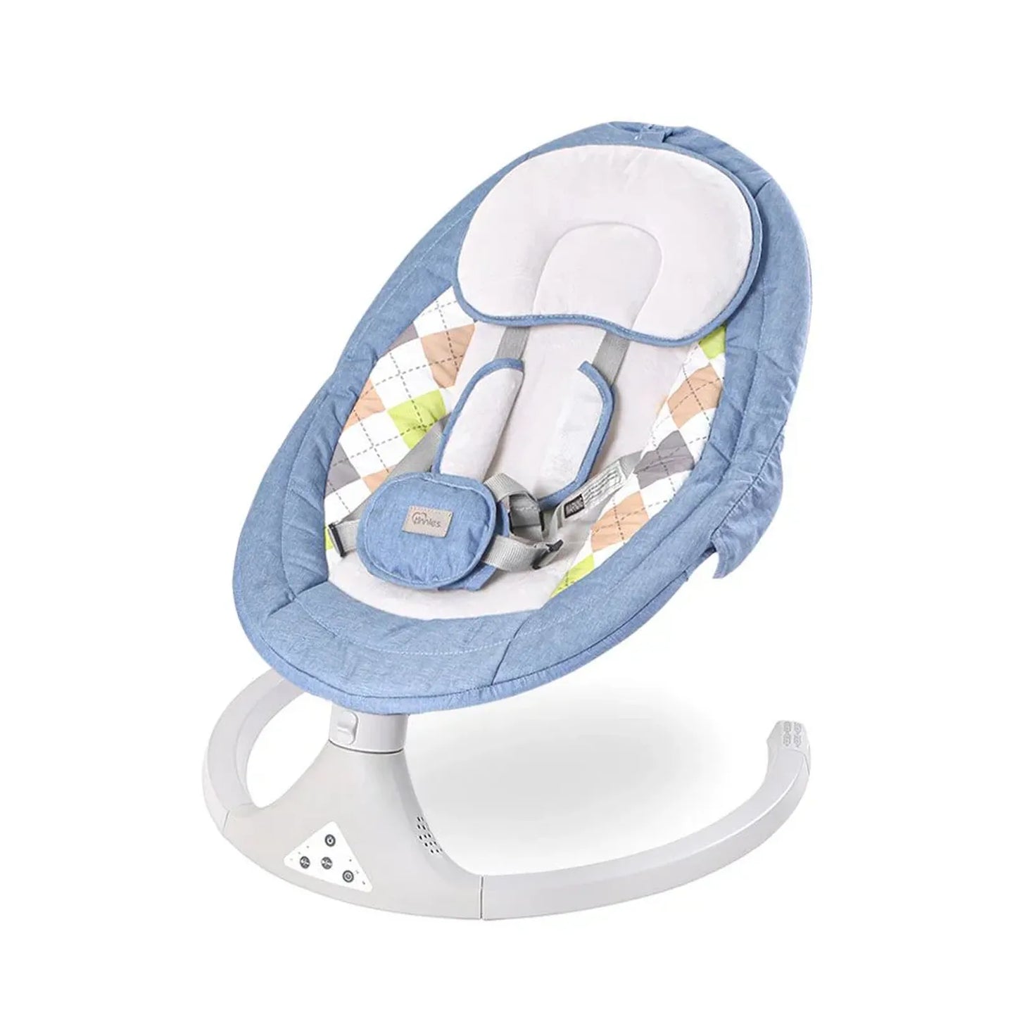 Baby swing with blue cushion and colorful seat on a white background
