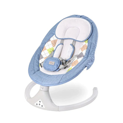 Baby swing with blue cushion and colorful seat on a white background