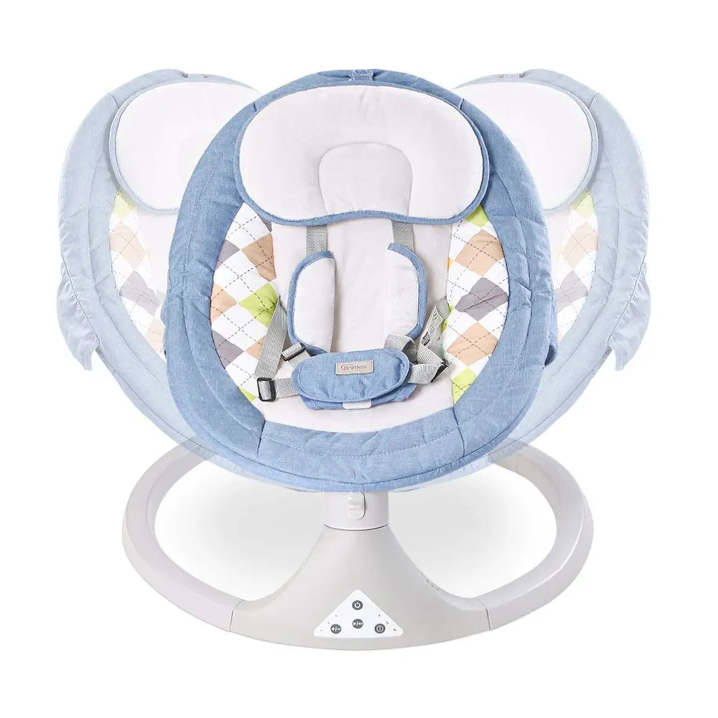 Baby swing with blue and white design on a white background