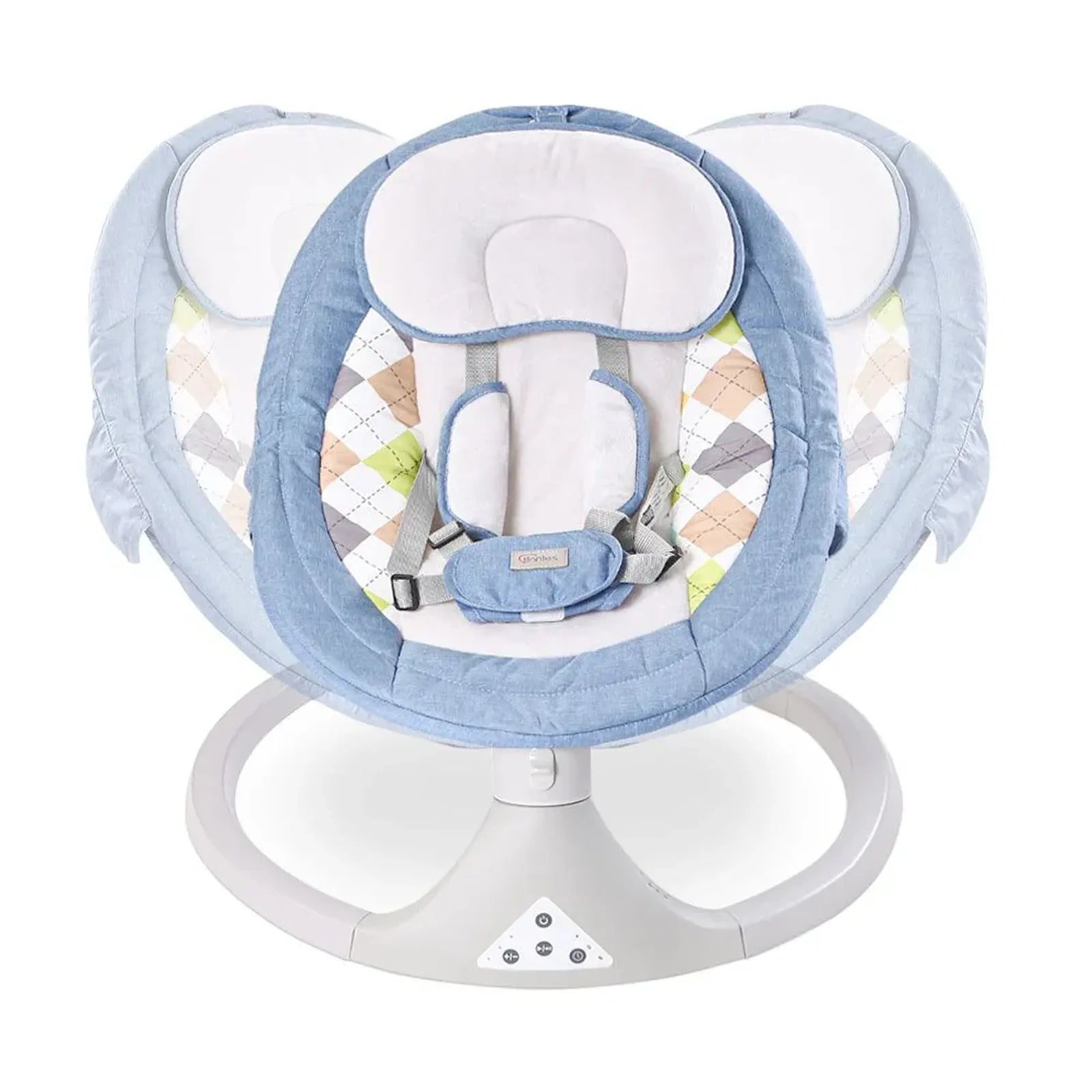 Baby swing with blue and white design on a white background