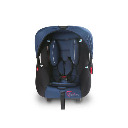 Blue and black car seat with canopy on a white background