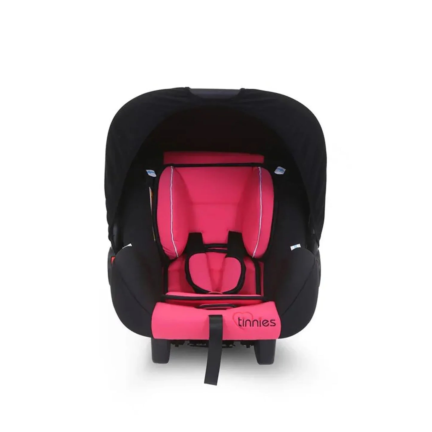 Black and pink baby car seat with 'tinnies' branding on a white background