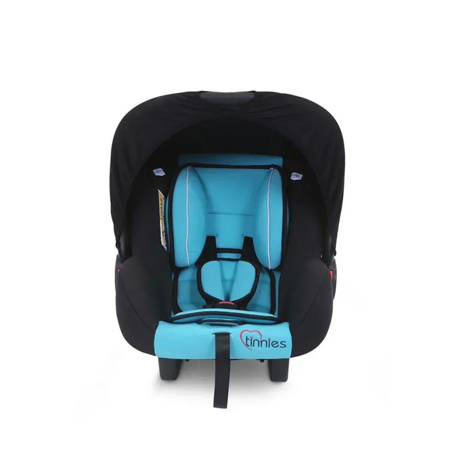 Black and blue baby car seat with 'Tinnies' branding on a white background