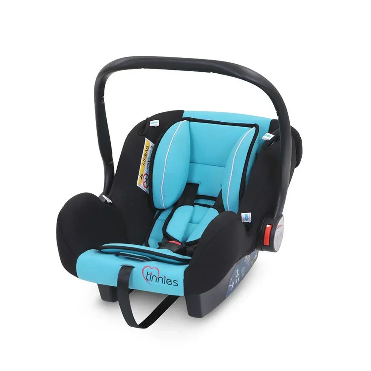 Turquoise and black car seat with 'tinnies' branding on a white background