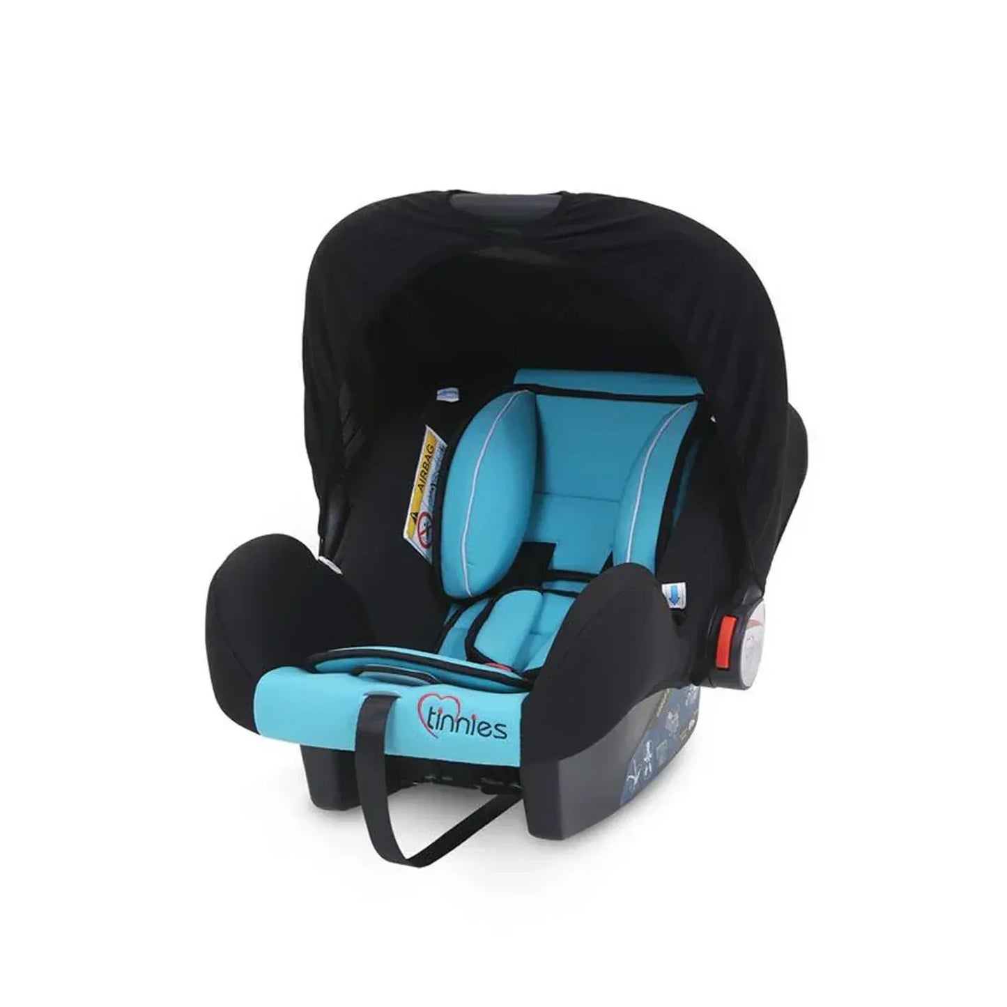 Black and blue baby car seat with canopy on a white background