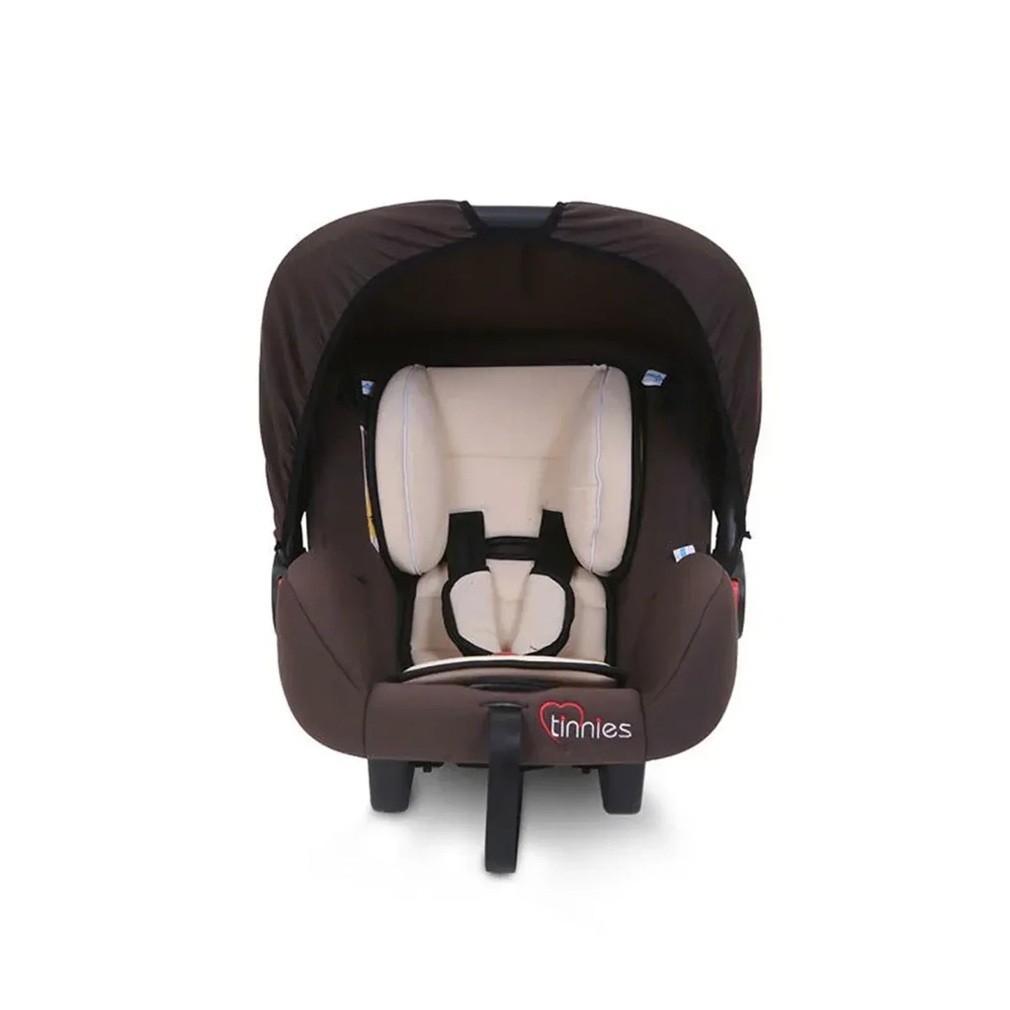Brown baby car seat with beige interior on a white background