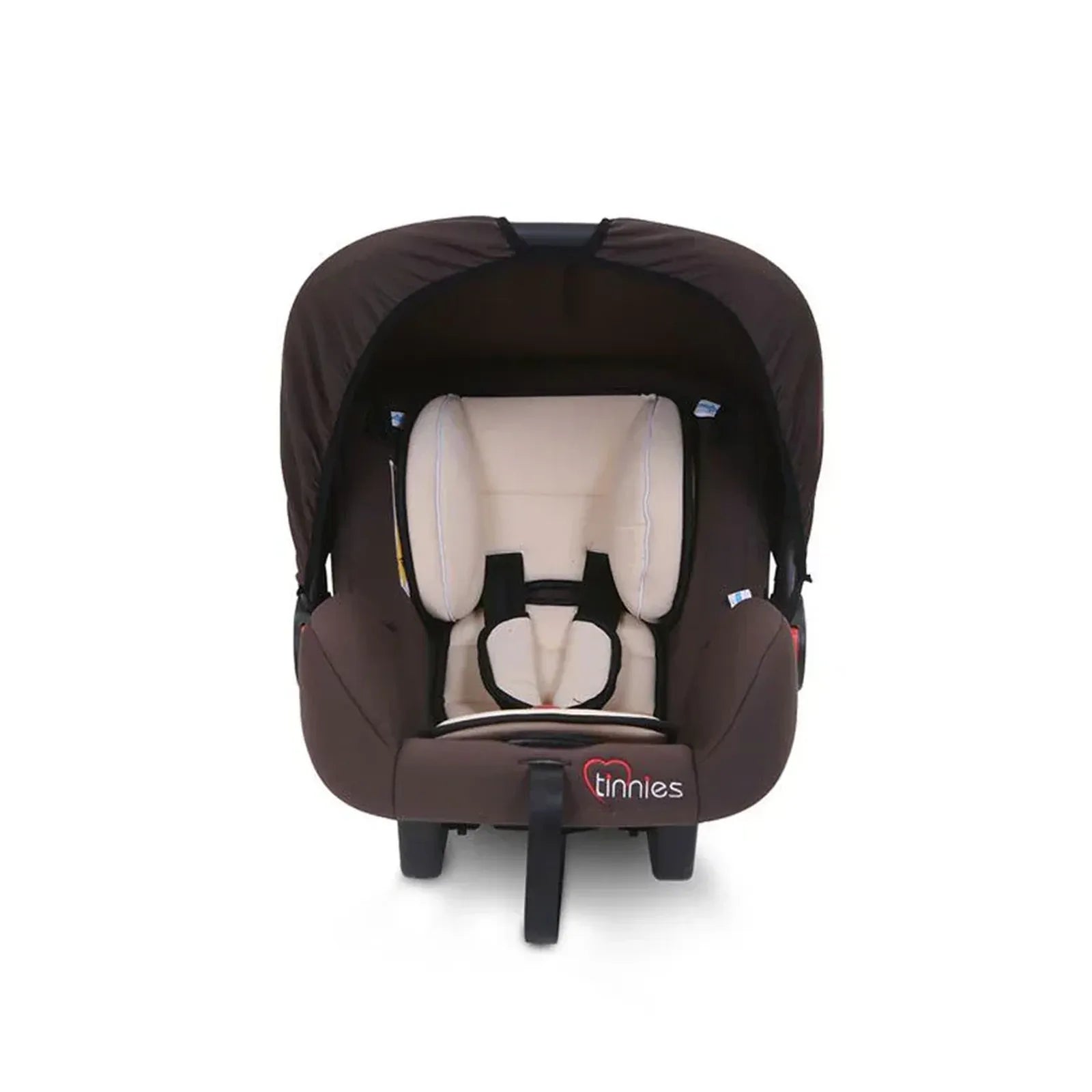 Brown baby car seat with beige interior on a white background