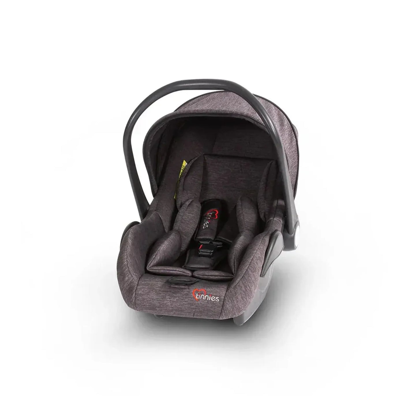 Gray baby car seat with a visible brand logo on a white background