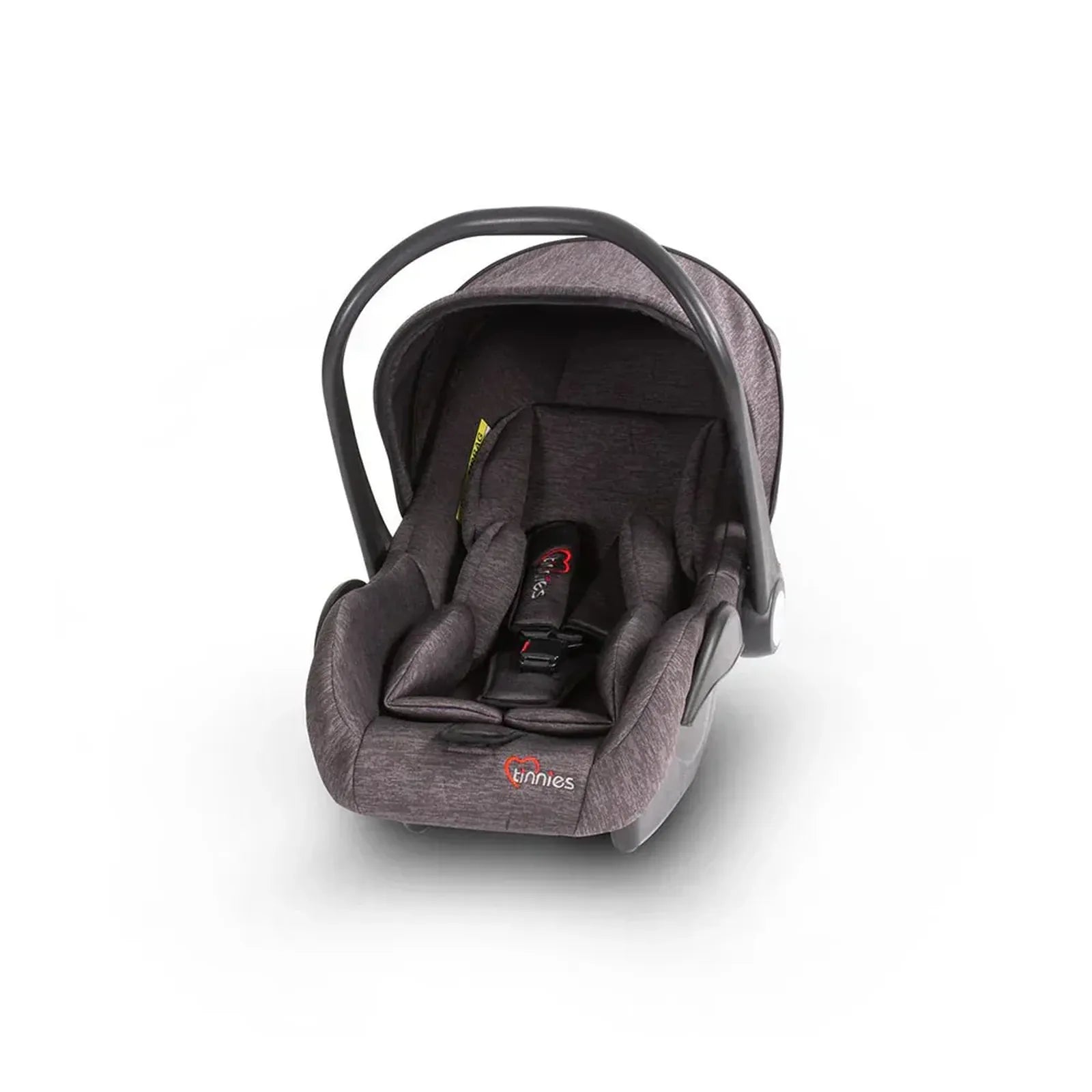 Gray baby car seat with a visible brand logo on a white background