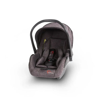 Gray baby car seat with a visible brand logo on a white background