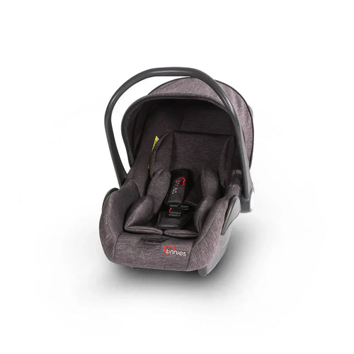 Gray baby car seat with a visible brand logo on a white background