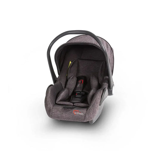 Gray baby car seat with a visible brand logo on a white background