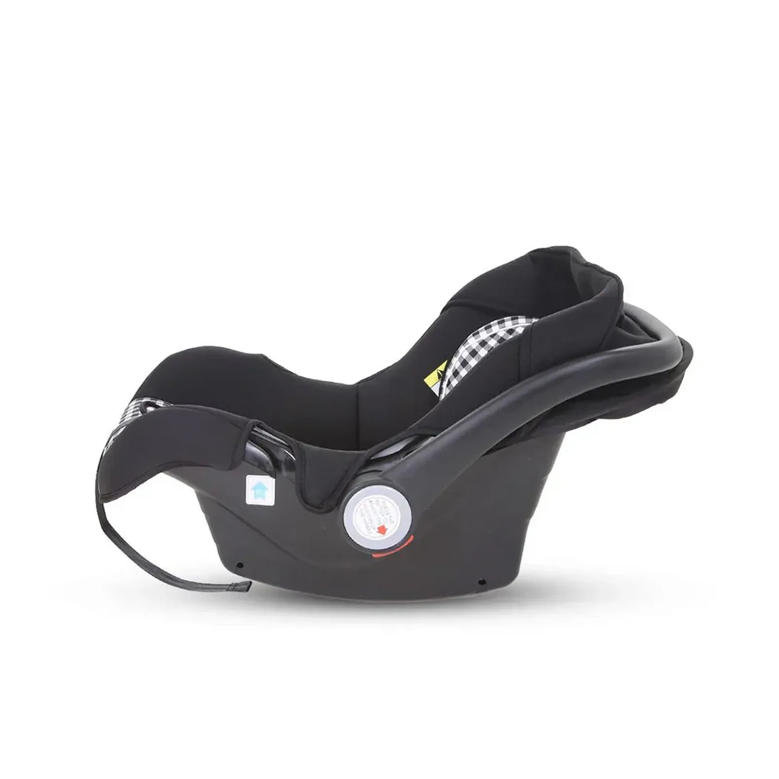 Black baby car seat with checkered pattern on a white background