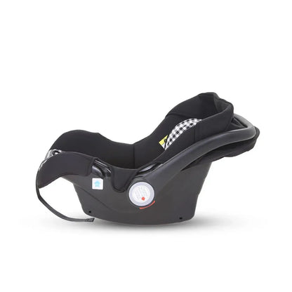 Black baby car seat with checkered pattern on a white background