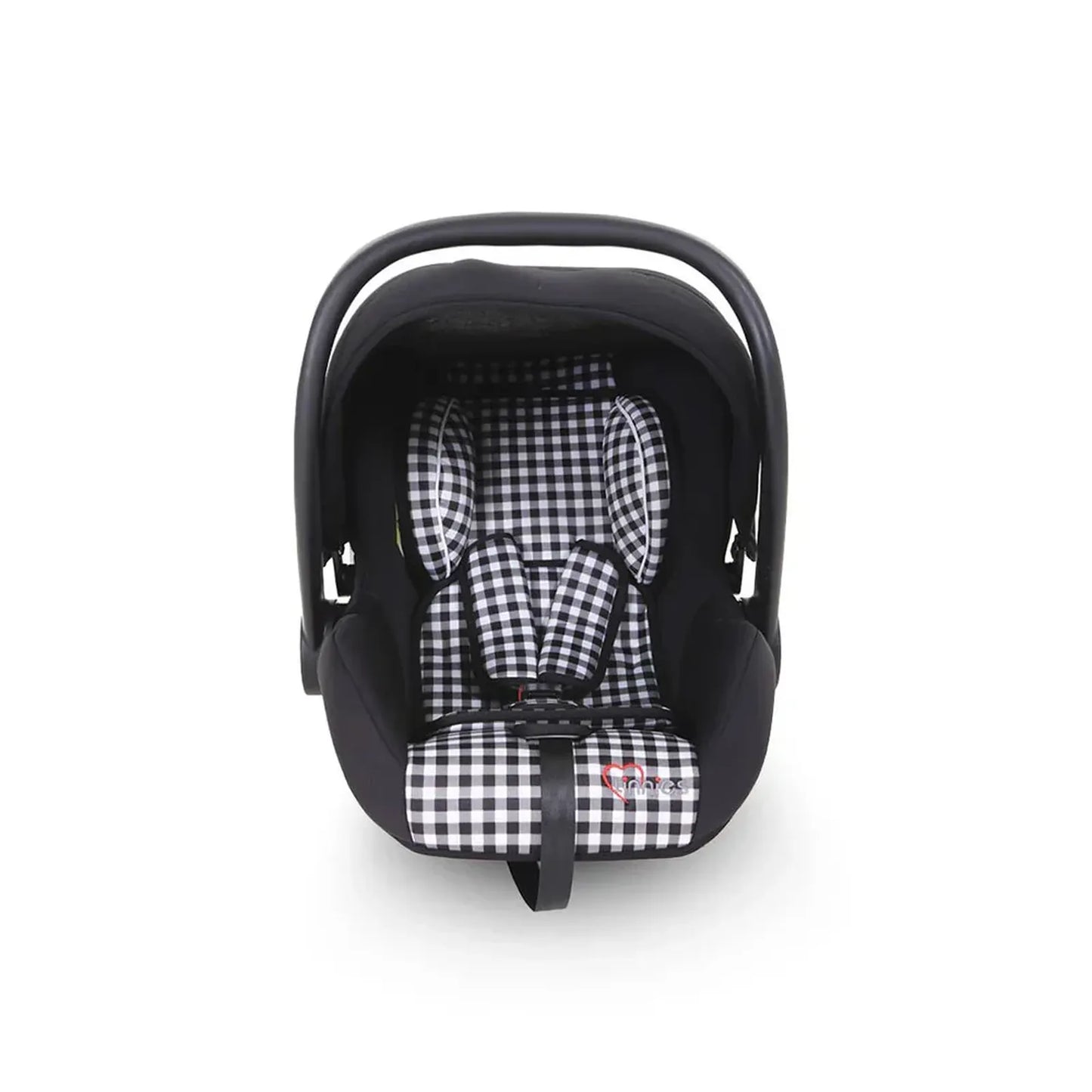 Black and white checkered baby car seat on a white background