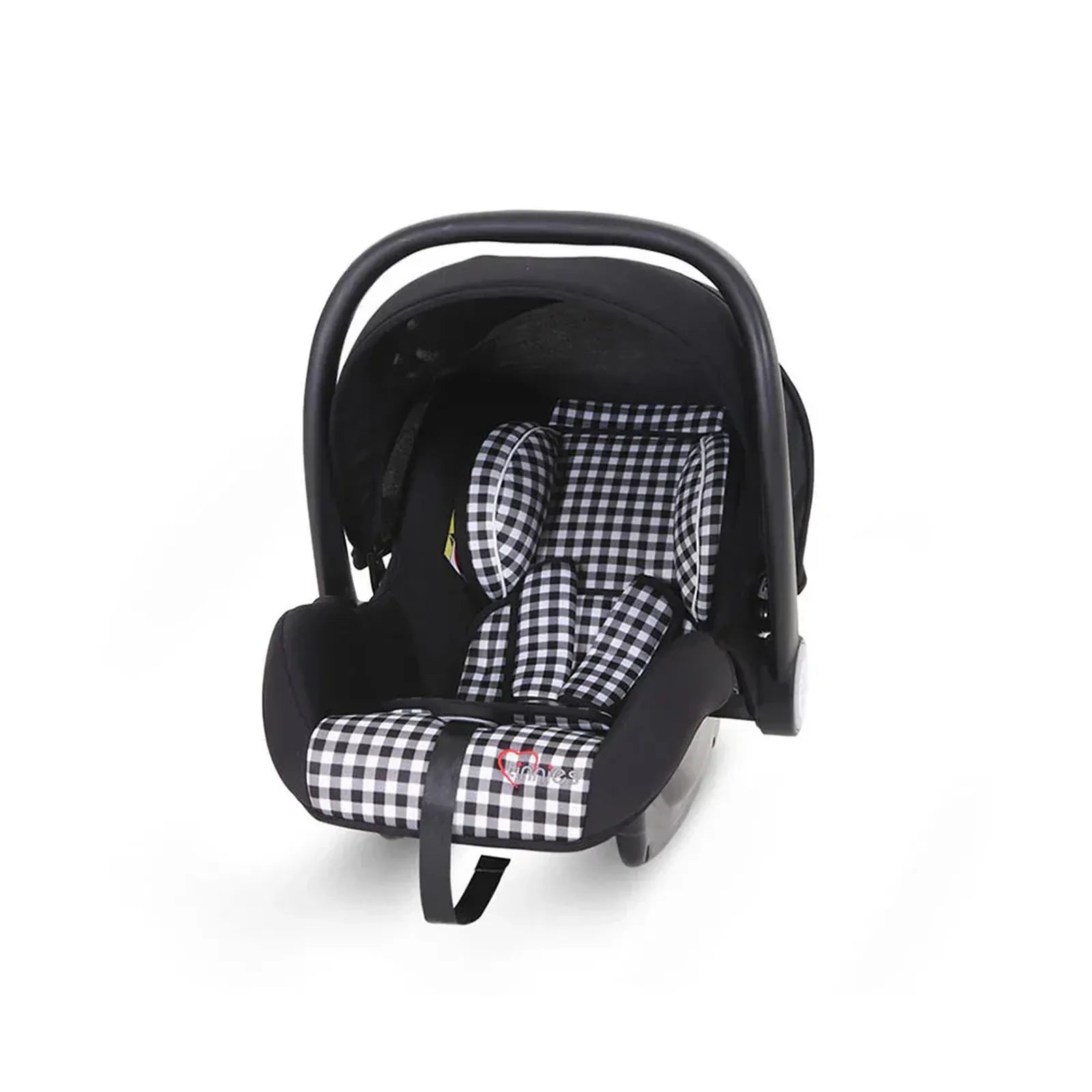 Black and white checkered baby car seat with a patterned cover on a white background