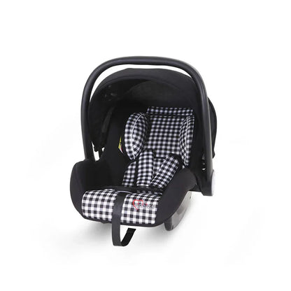 Black and white checkered baby car seat with a patterned cover on a white background