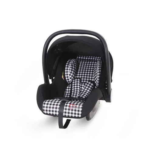 Black and white checkered baby car seat with a patterned cover on a white background