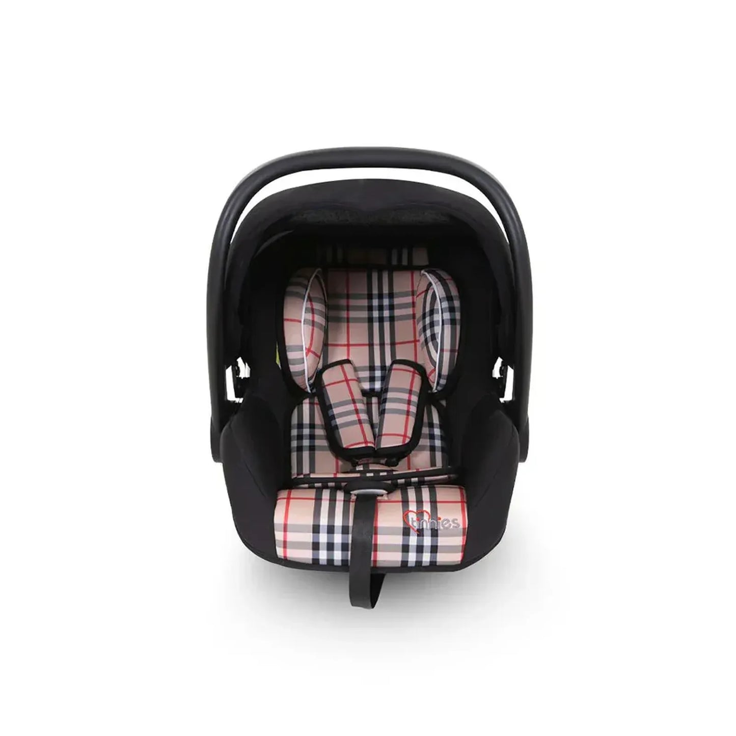 Baby car seat with plaid pattern on a white background
