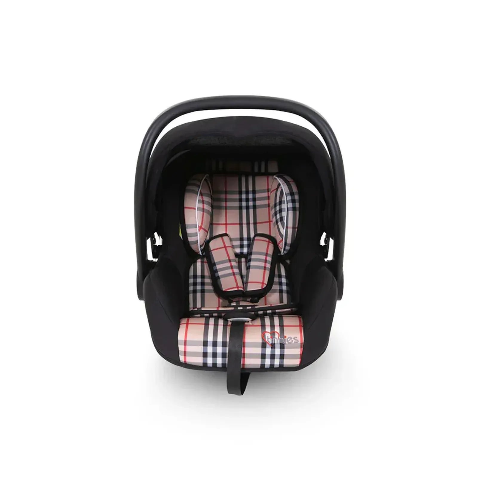 Baby car seat with plaid pattern on a white background