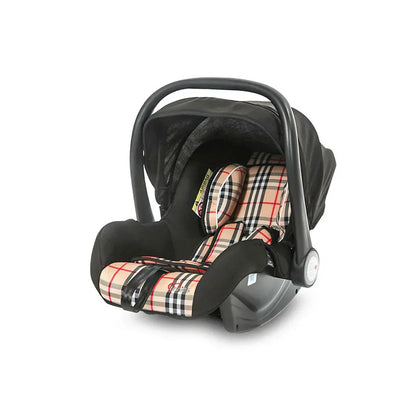 Black baby car seat with plaid pattern on a white background