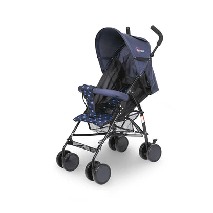Navy blue and black stroller with canopy on a white background