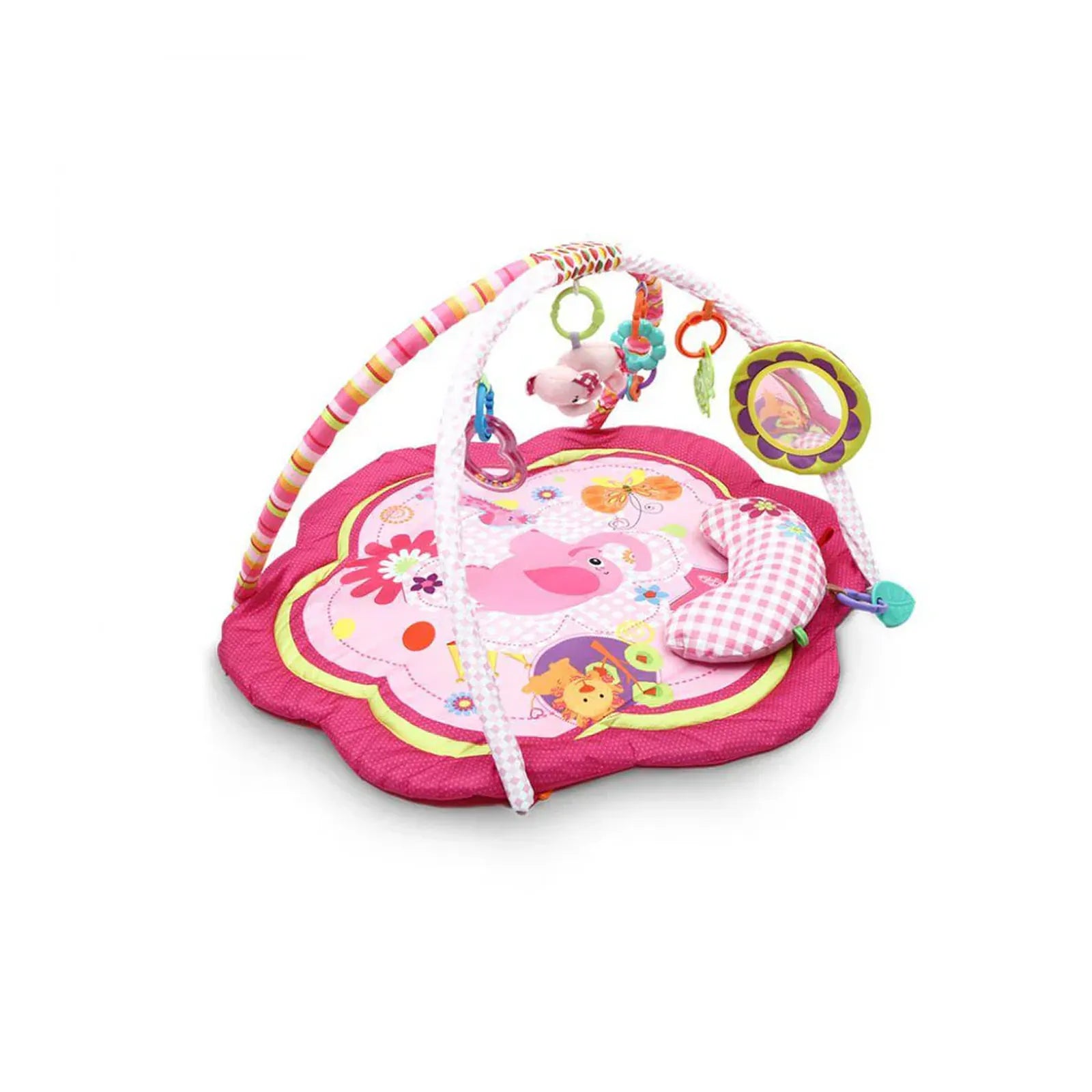 Pink baby play mat with toys and activities on a white background