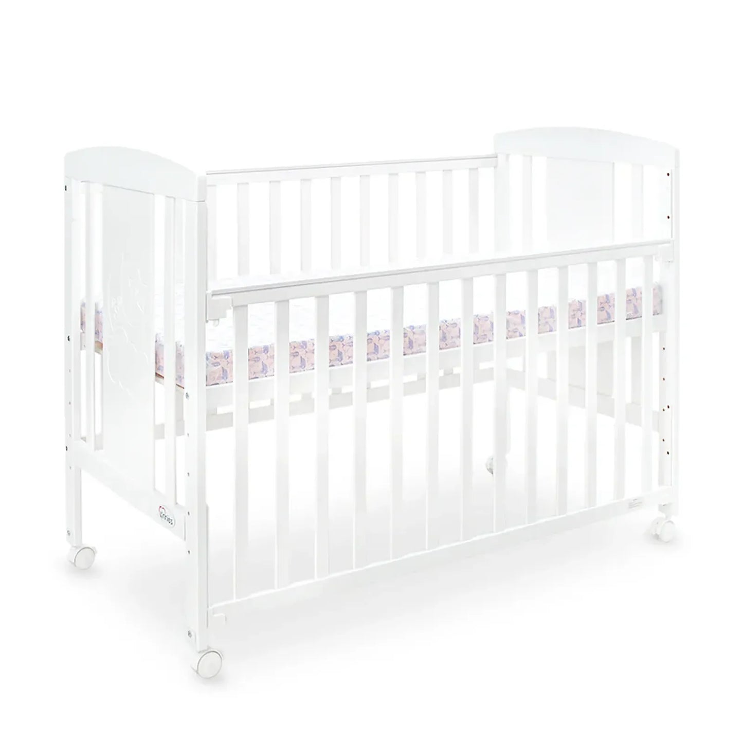 White crib with pink and purple bedding on a white background