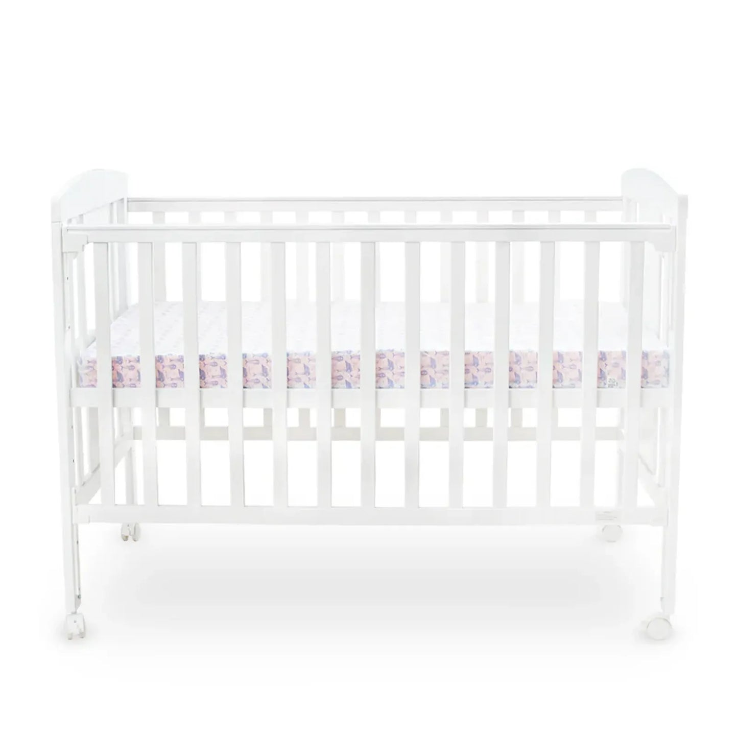 White crib with a pink and white checkered bumper pad on a white background