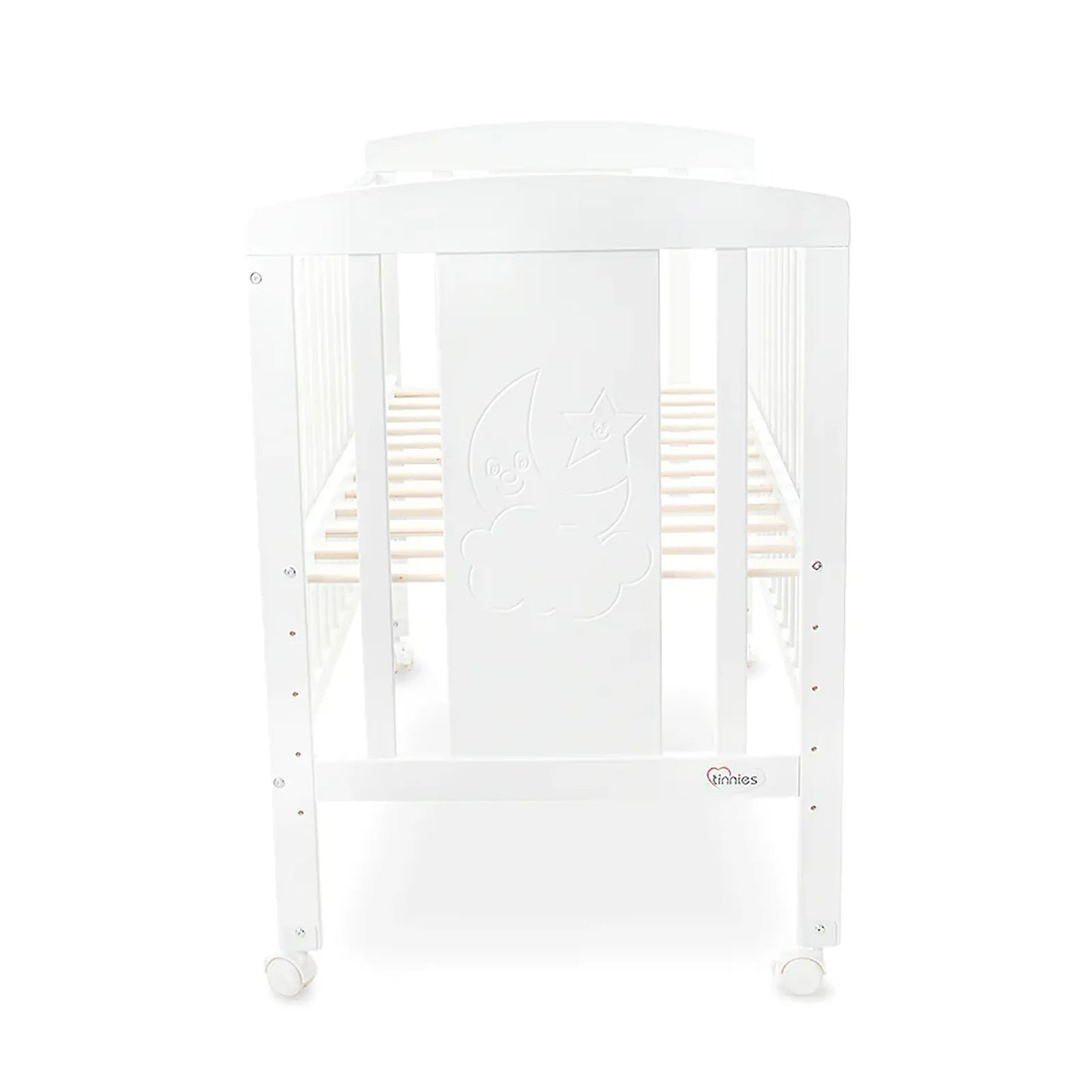 White crib with wooden slats on a white background