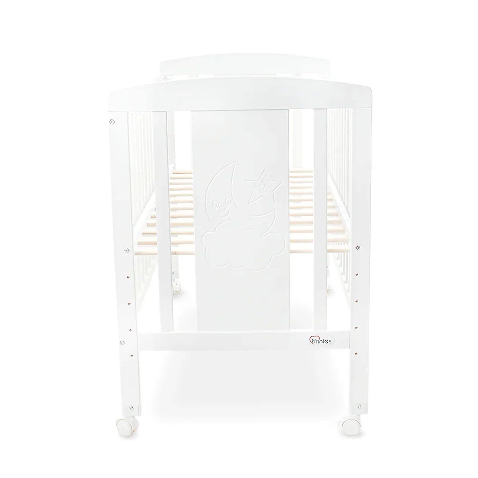 White crib with wooden slats on a white background
