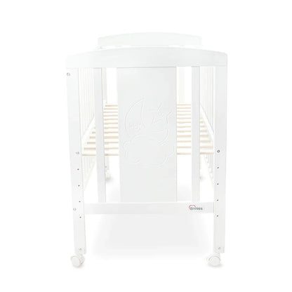 White crib with wooden slats on a white background