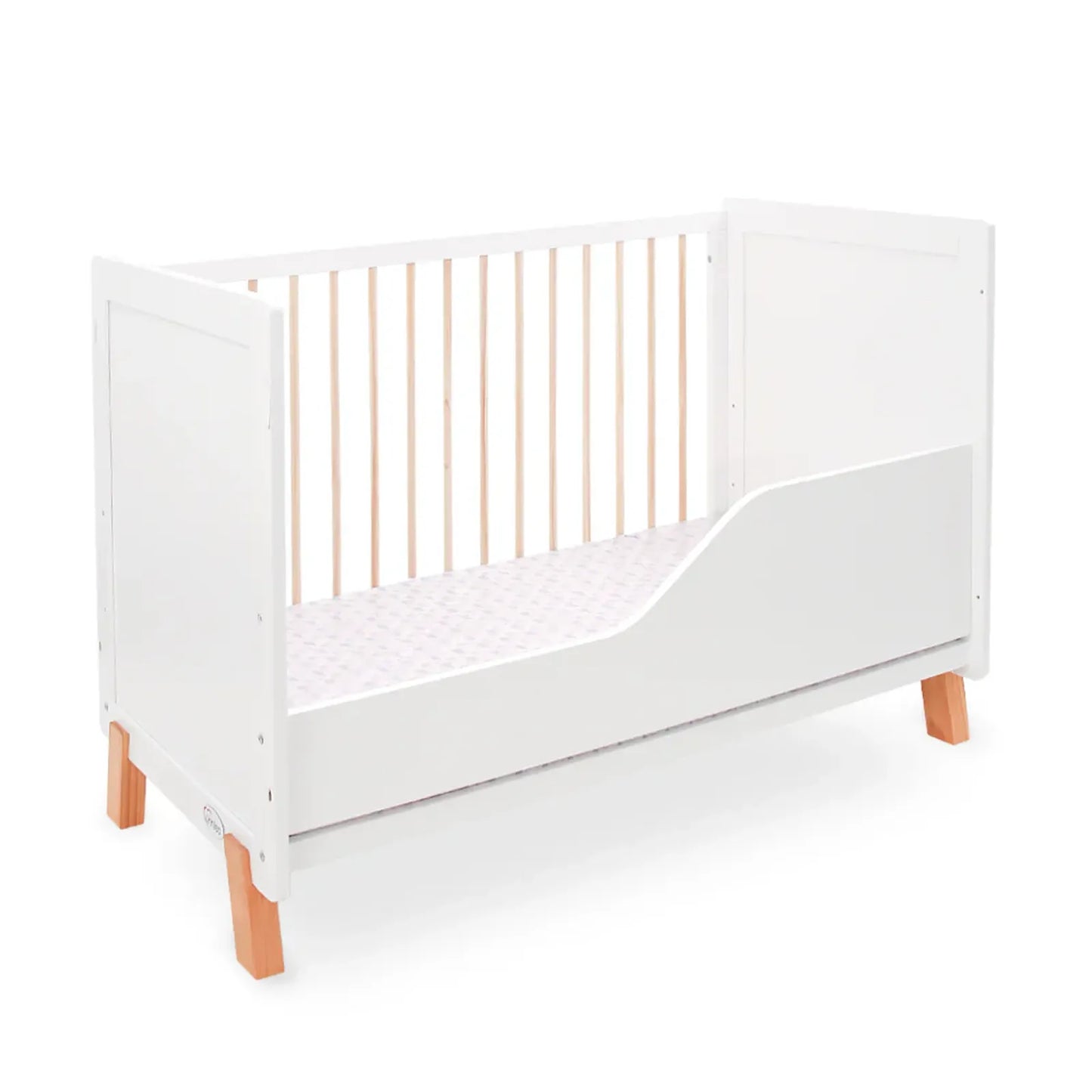 White crib with wooden legs on a white background