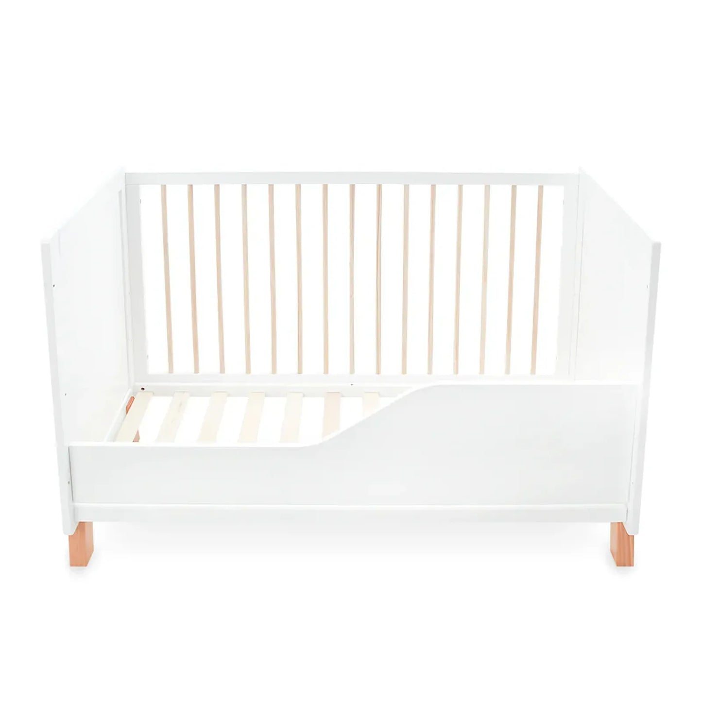 White crib with wooden slats on a white background