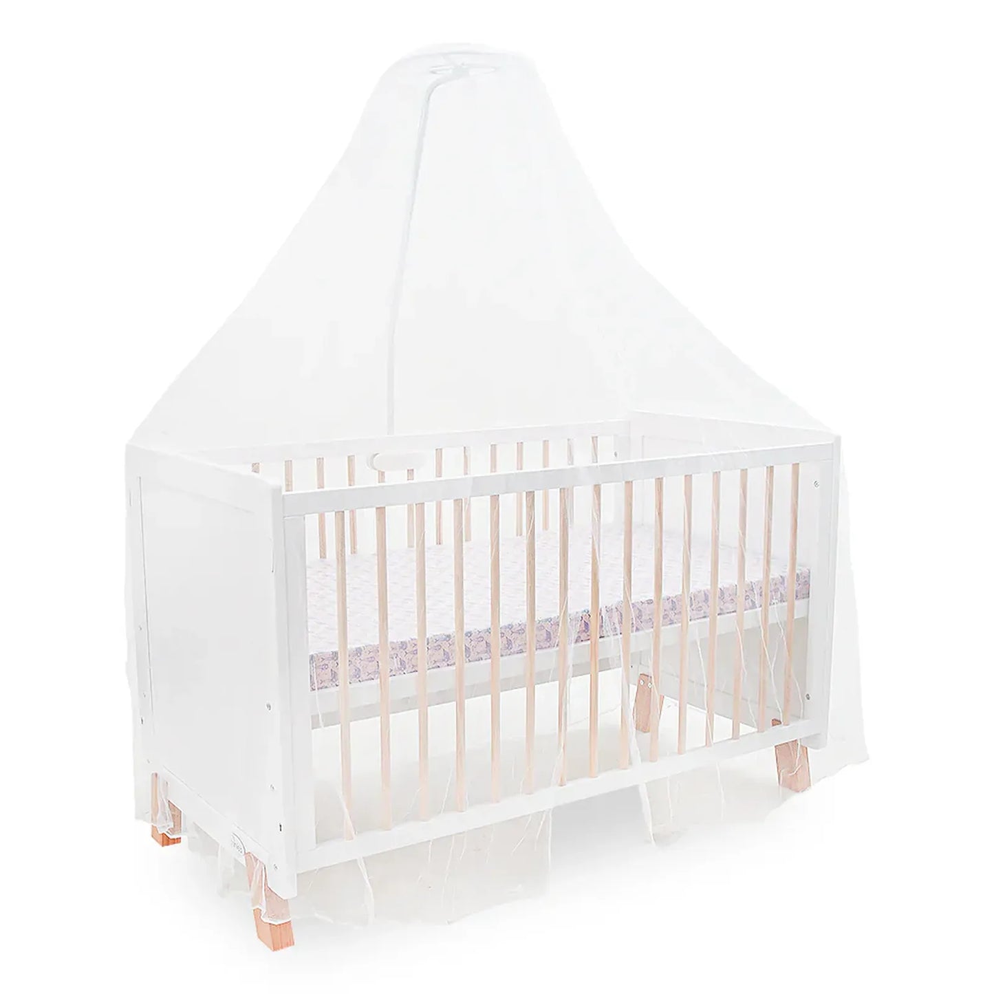 White crib with pink accents on a white background