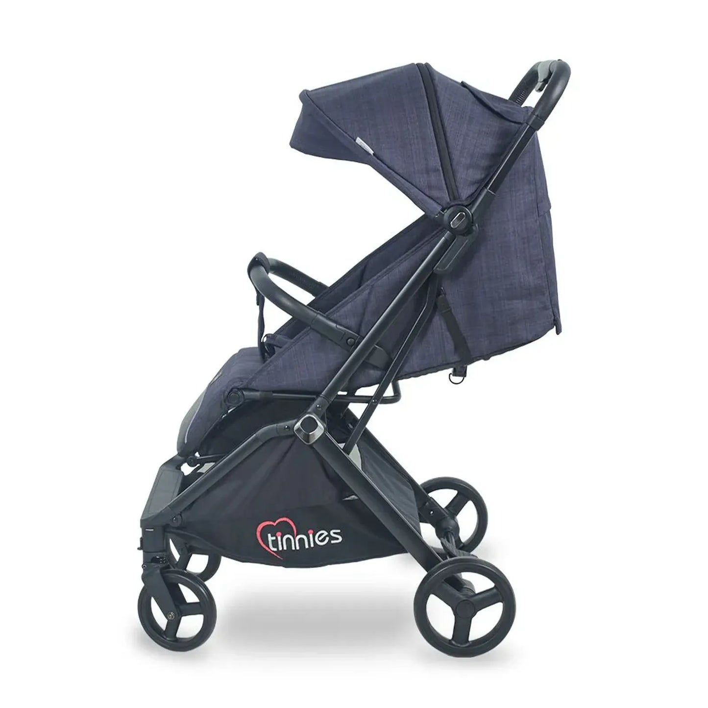 Navy blue stroller with branding on a white background