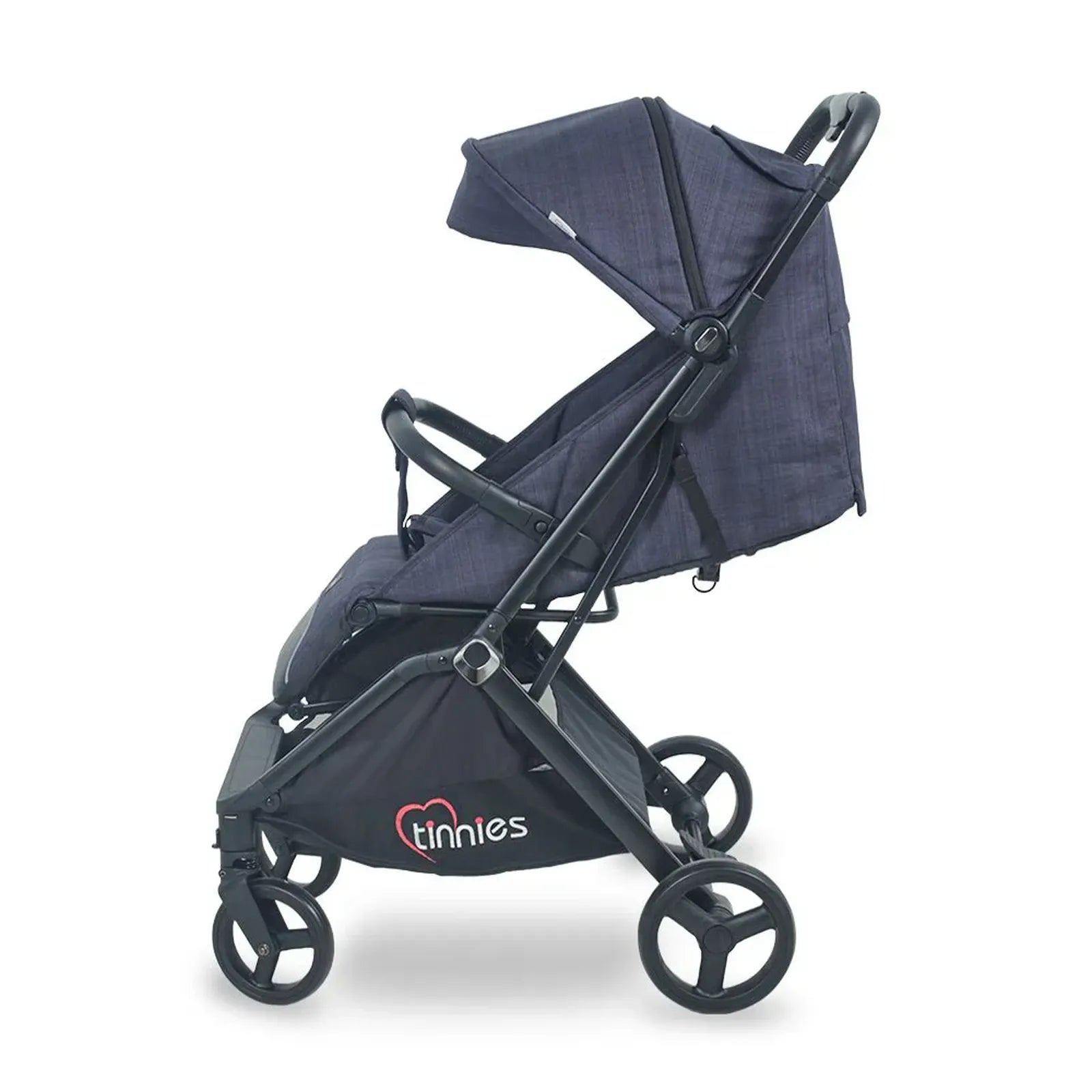 Navy blue stroller with branding on a white background