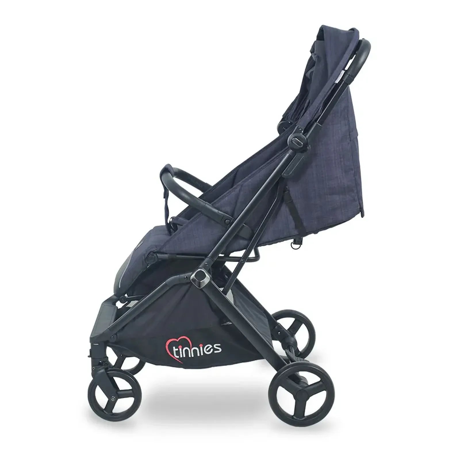Navy blue stroller with branding on a white background