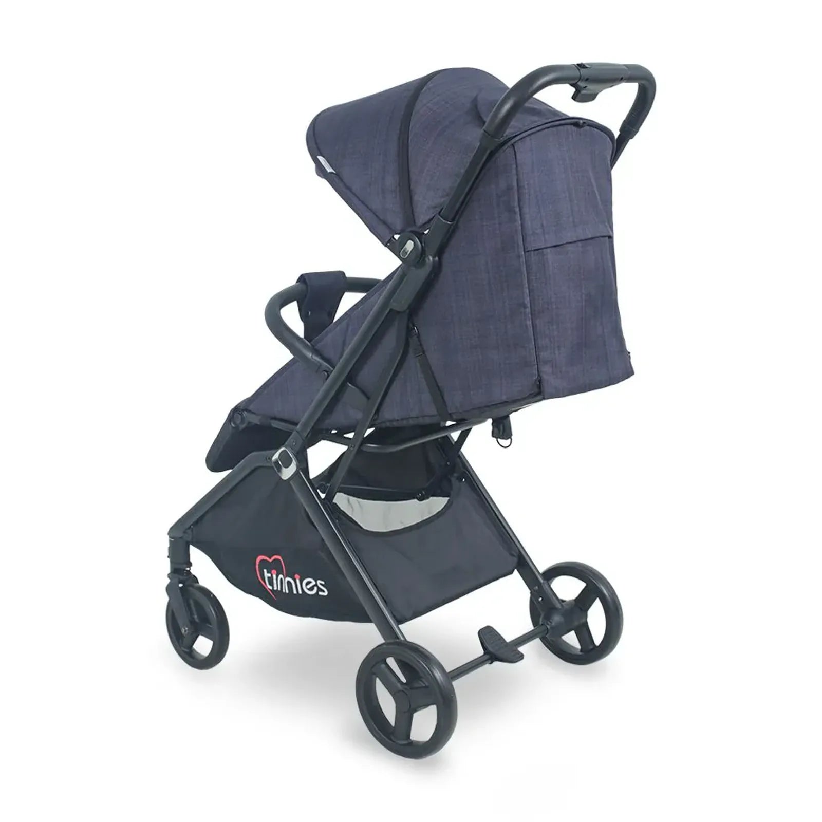 Navy blue baby stroller with black frame on a white background