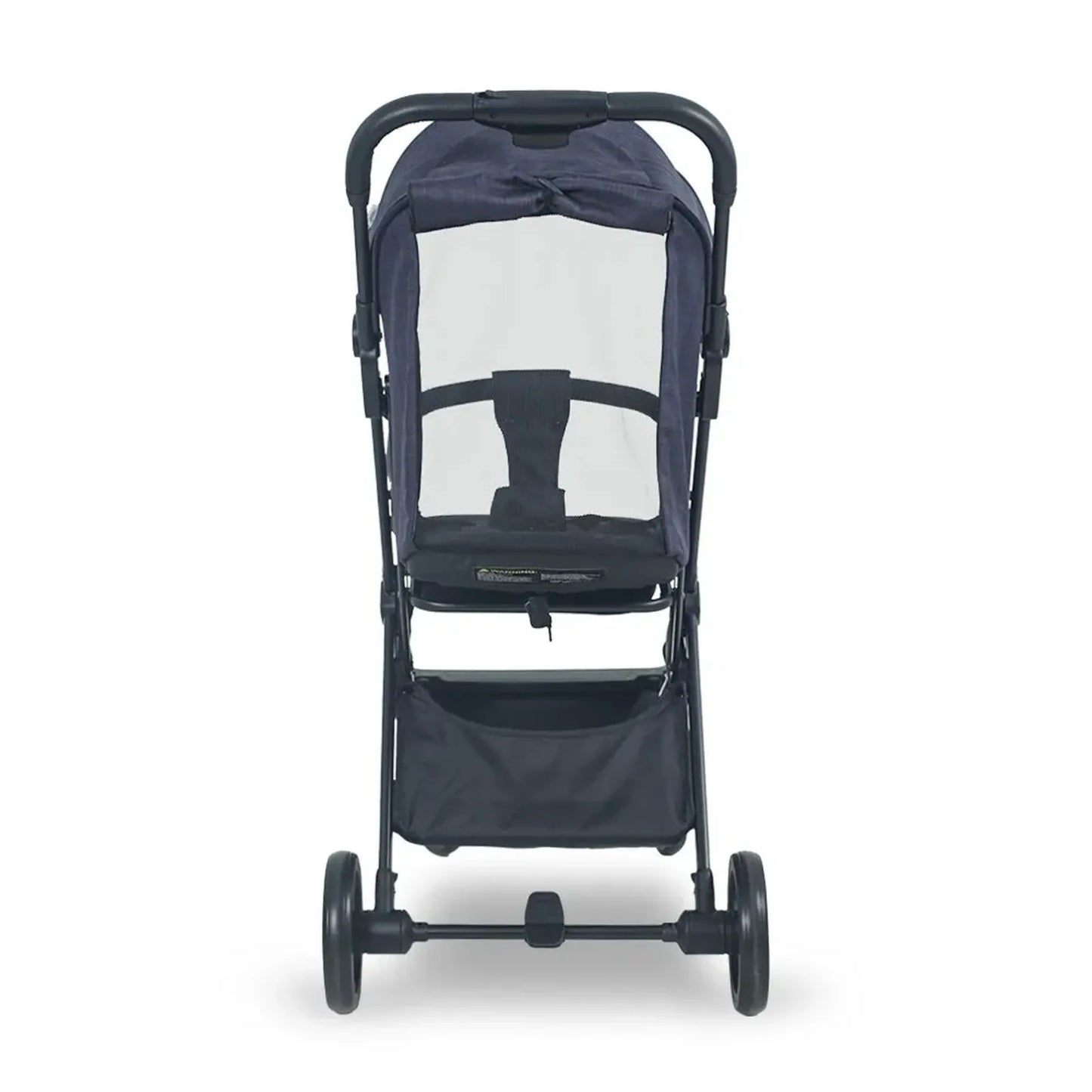 Navy blue stroller with a clear canopy on a white background