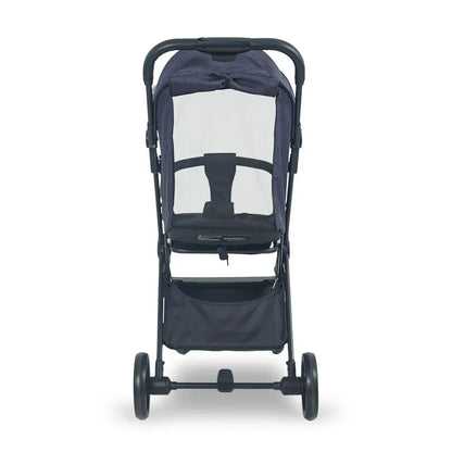 Navy blue stroller with a clear canopy on a white background